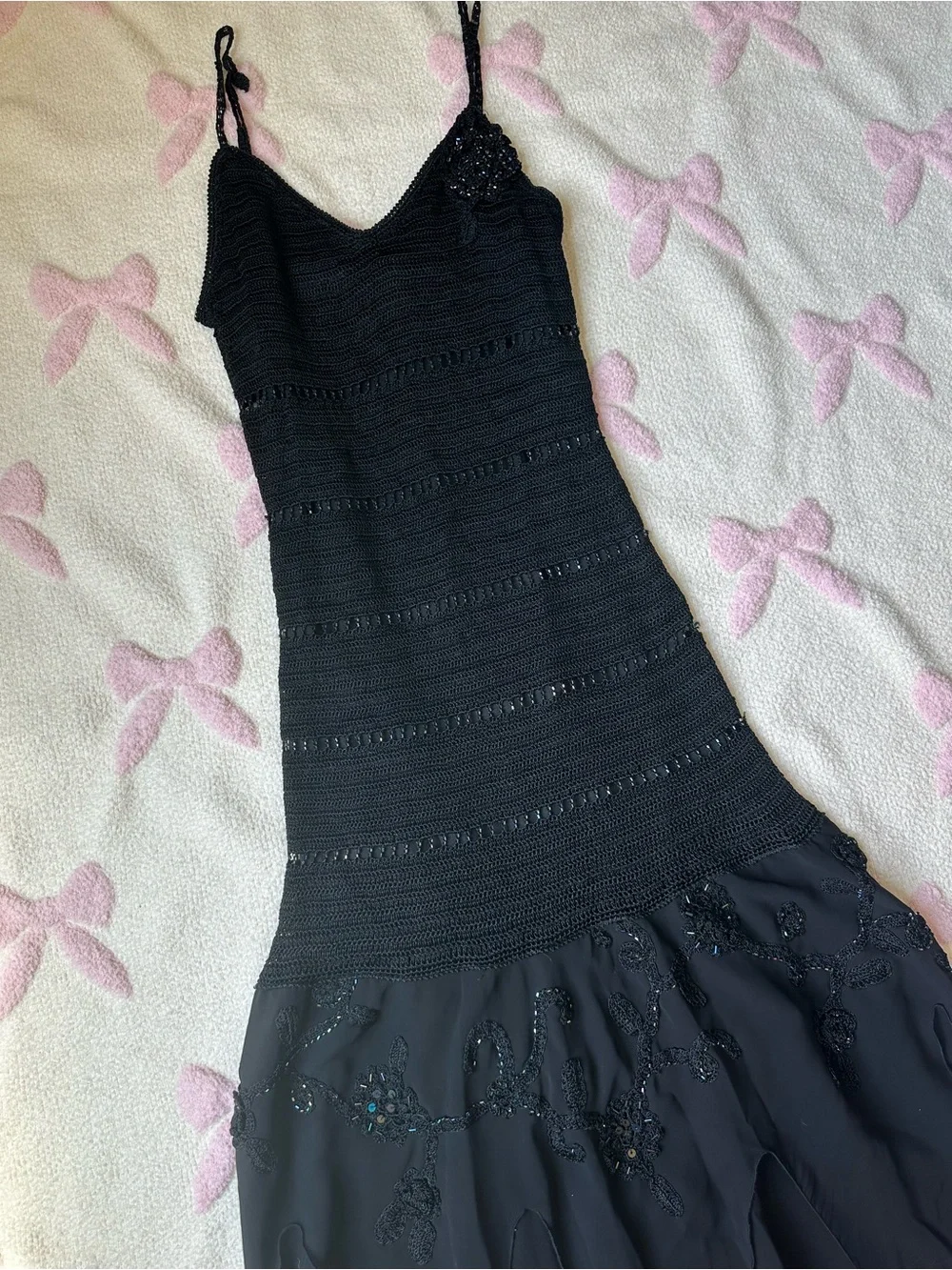 Black Spaghetti Strap Evening Dress with Beaded Skirt
